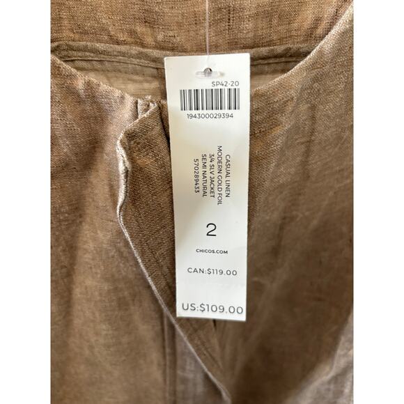 CHICO'S Casual Linen Modern Gold Foil Jacket Womens Sz 12 / 14 Coastal N… - Picture 5 of 6